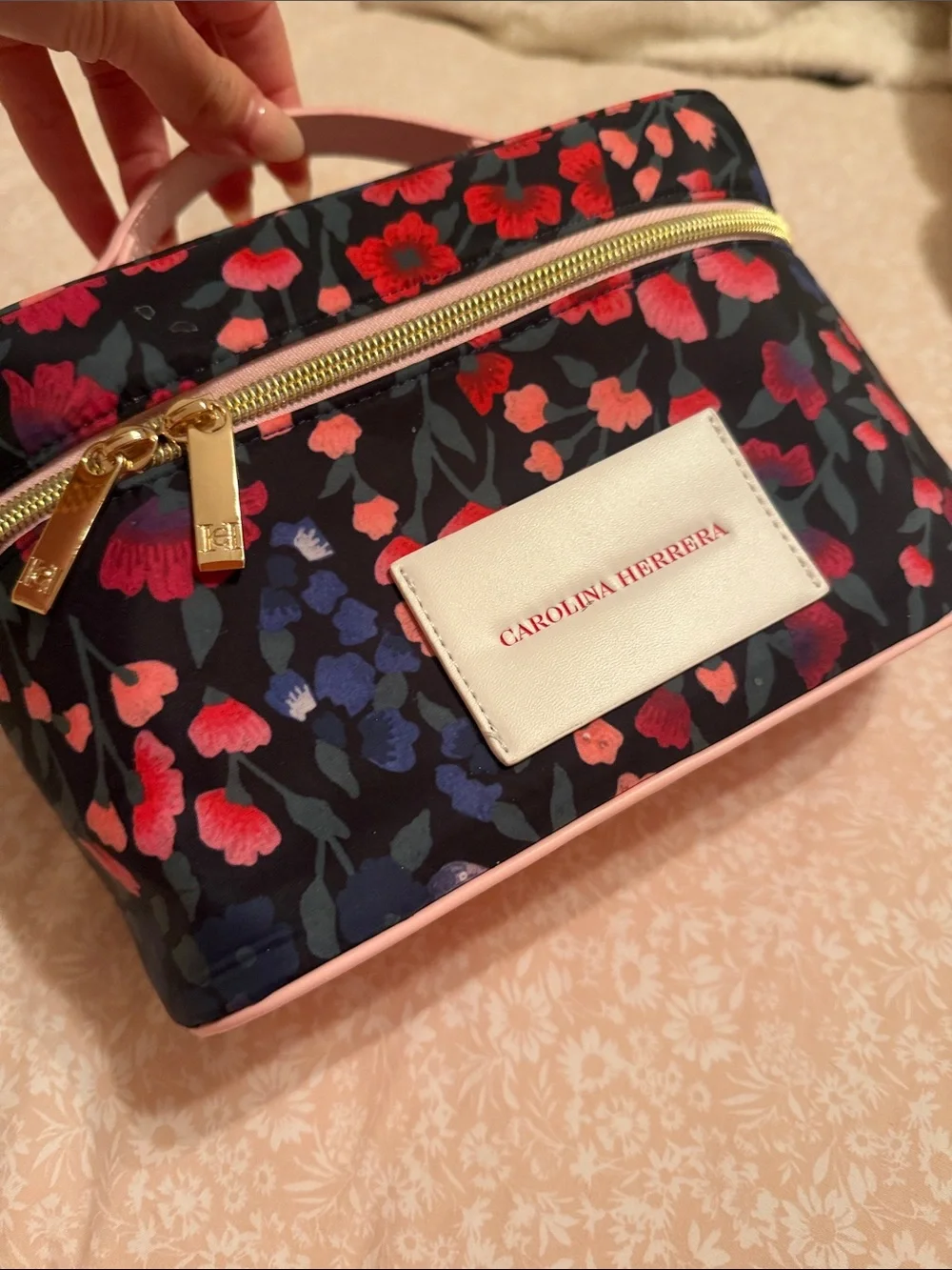 Carolina Herrera Navy Floral Cosmetic Travel Case with Pink Trim